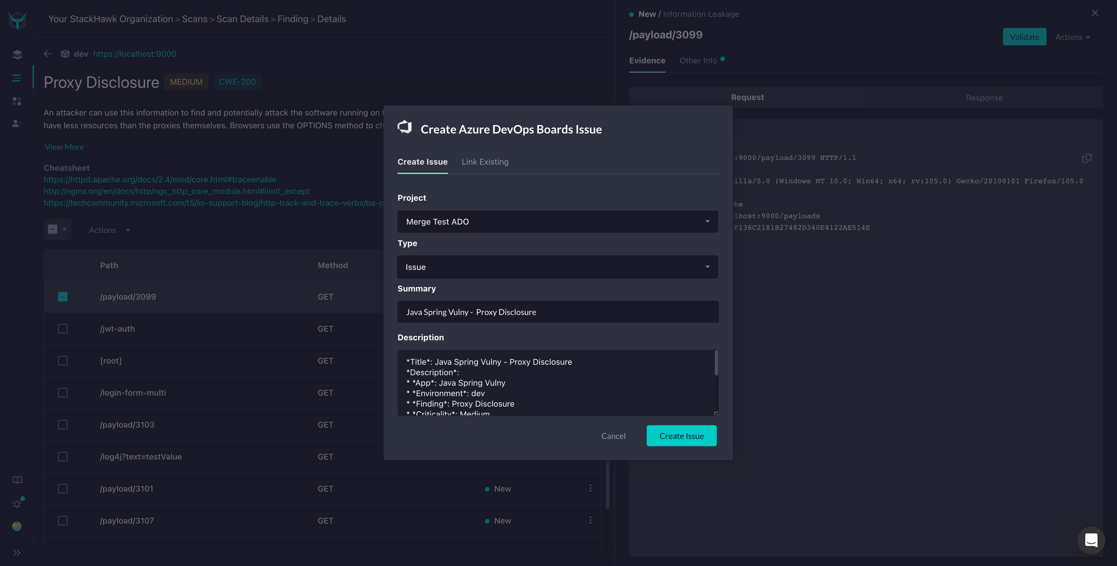 Creating an ADO WorkItem in Stackhawk Platform Screenshot