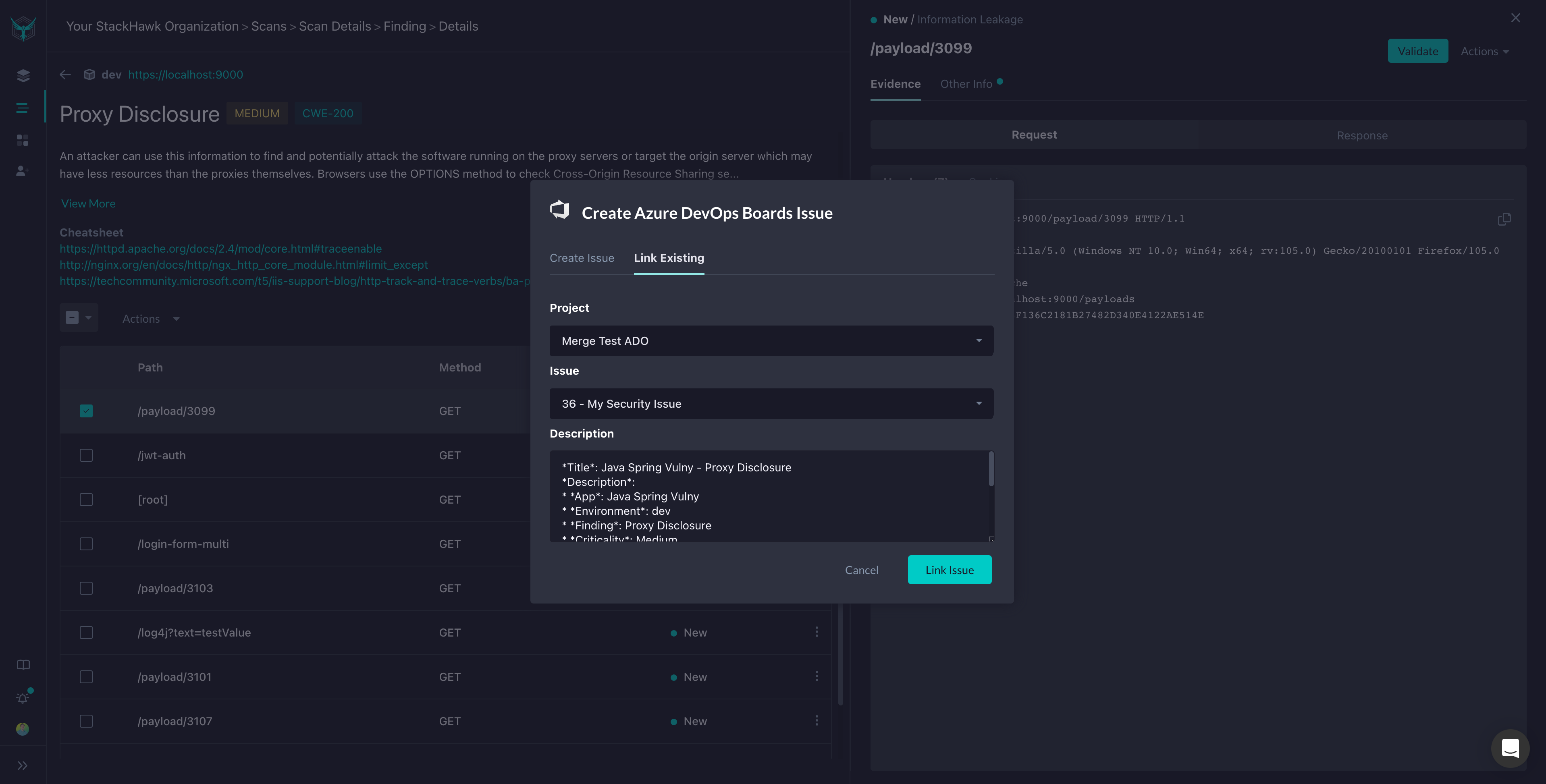 Linking an ADO Issue in Stackhawk Platform Screenshot