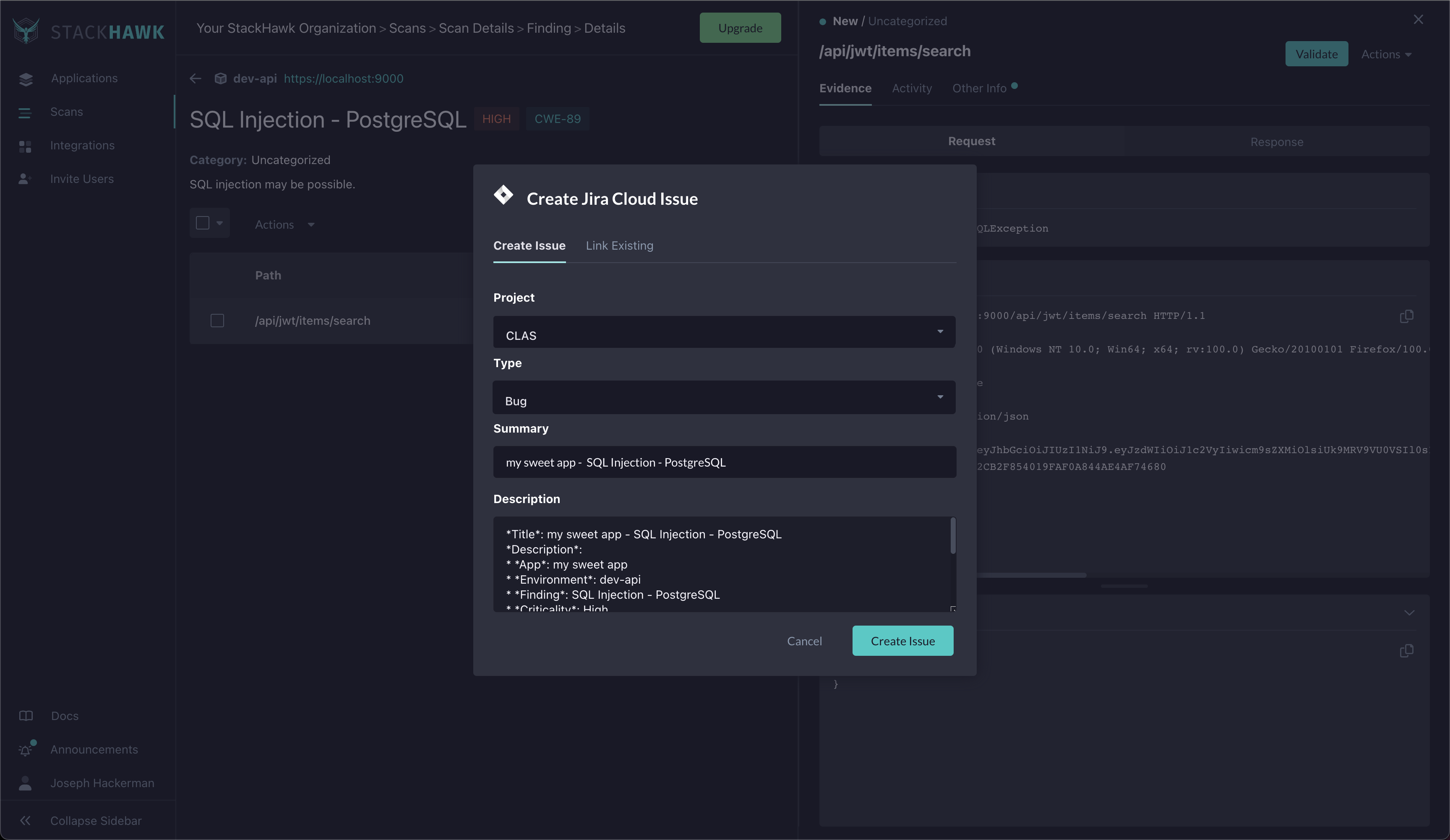 Creating a JIra Issue in Stackhawk Platform Screenshot