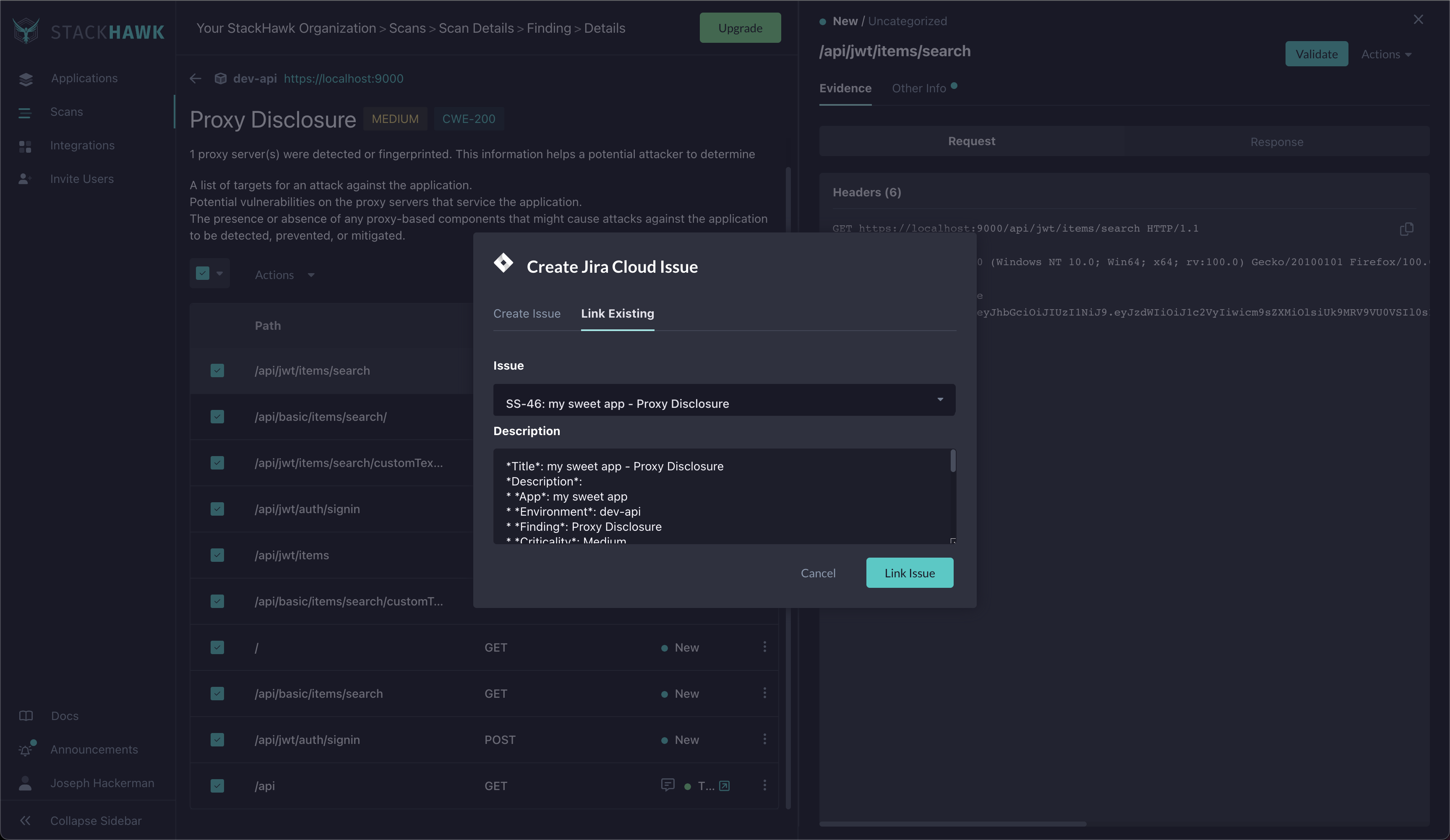 Linking a JIra Issue in Stackhawk Platform Screenshot