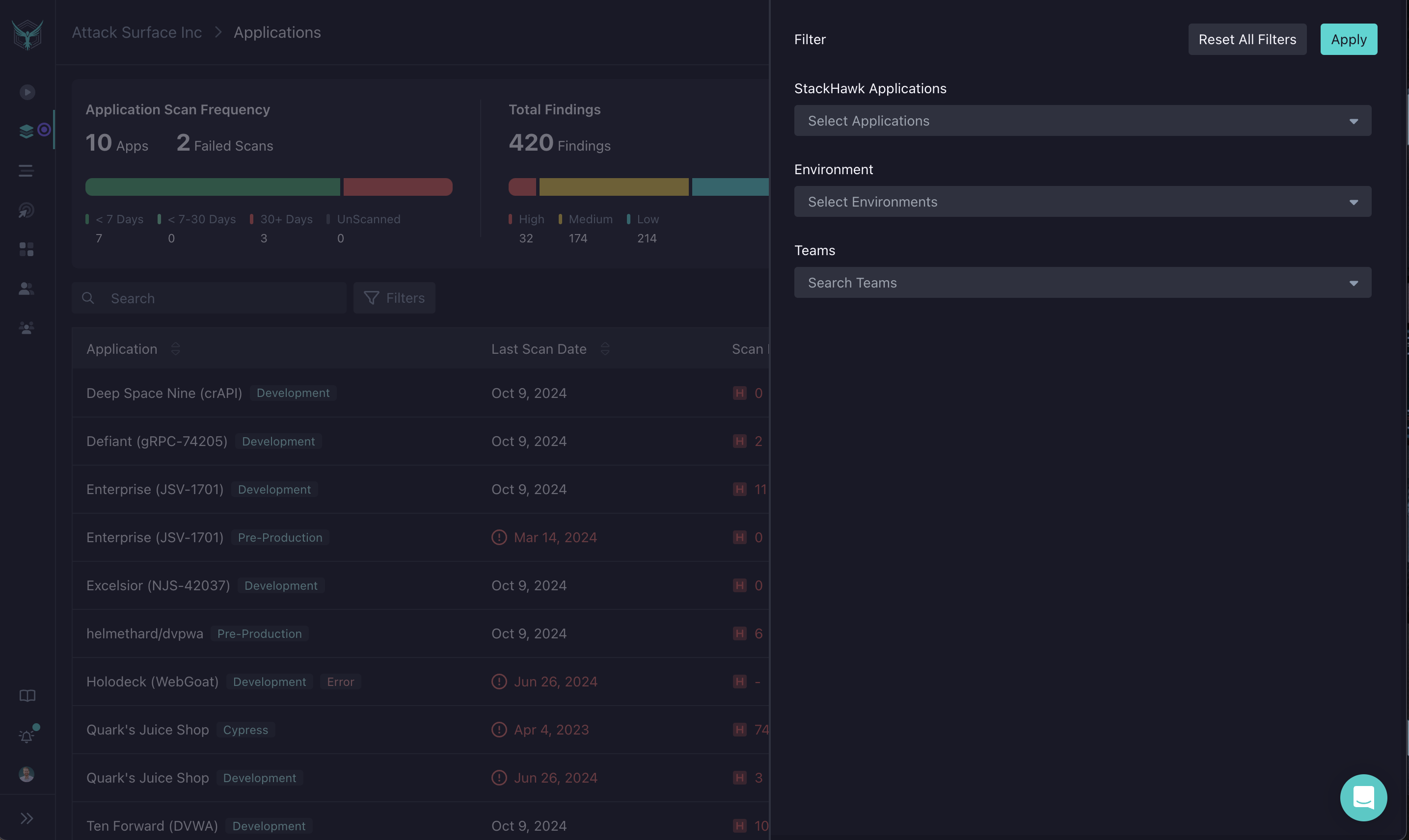 StackHawk Platform - applications filters