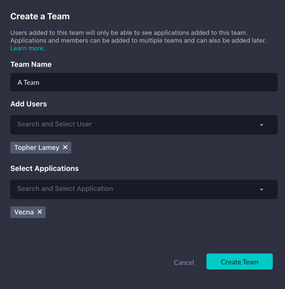 Create Team Modal Finish