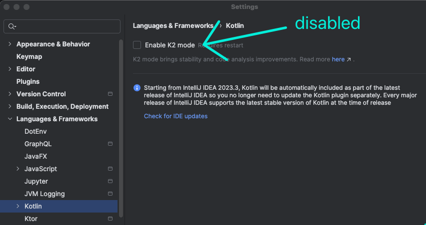 Disable K2 mode in IntelliJ