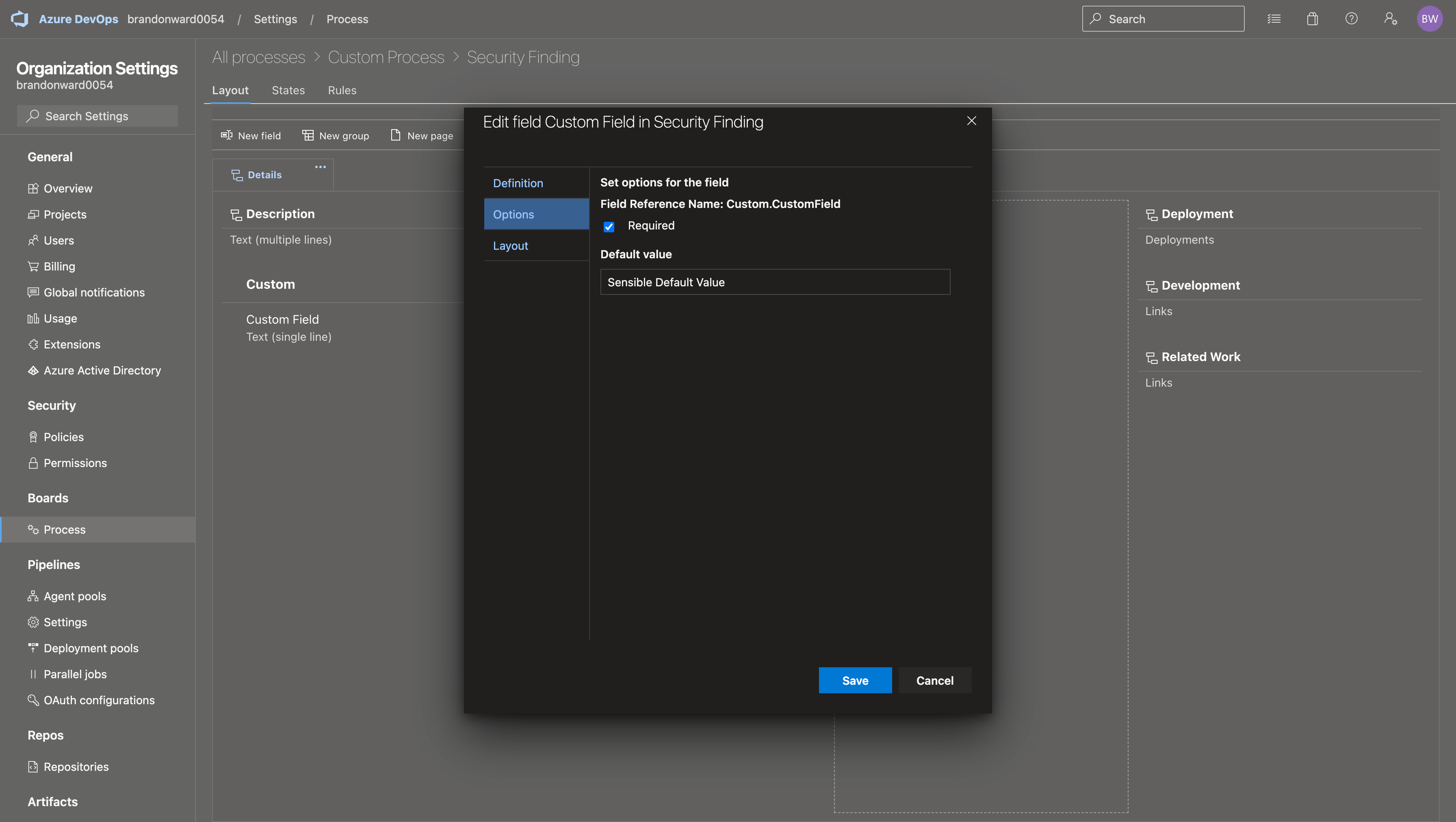 Azure DevOps custom fields configuration