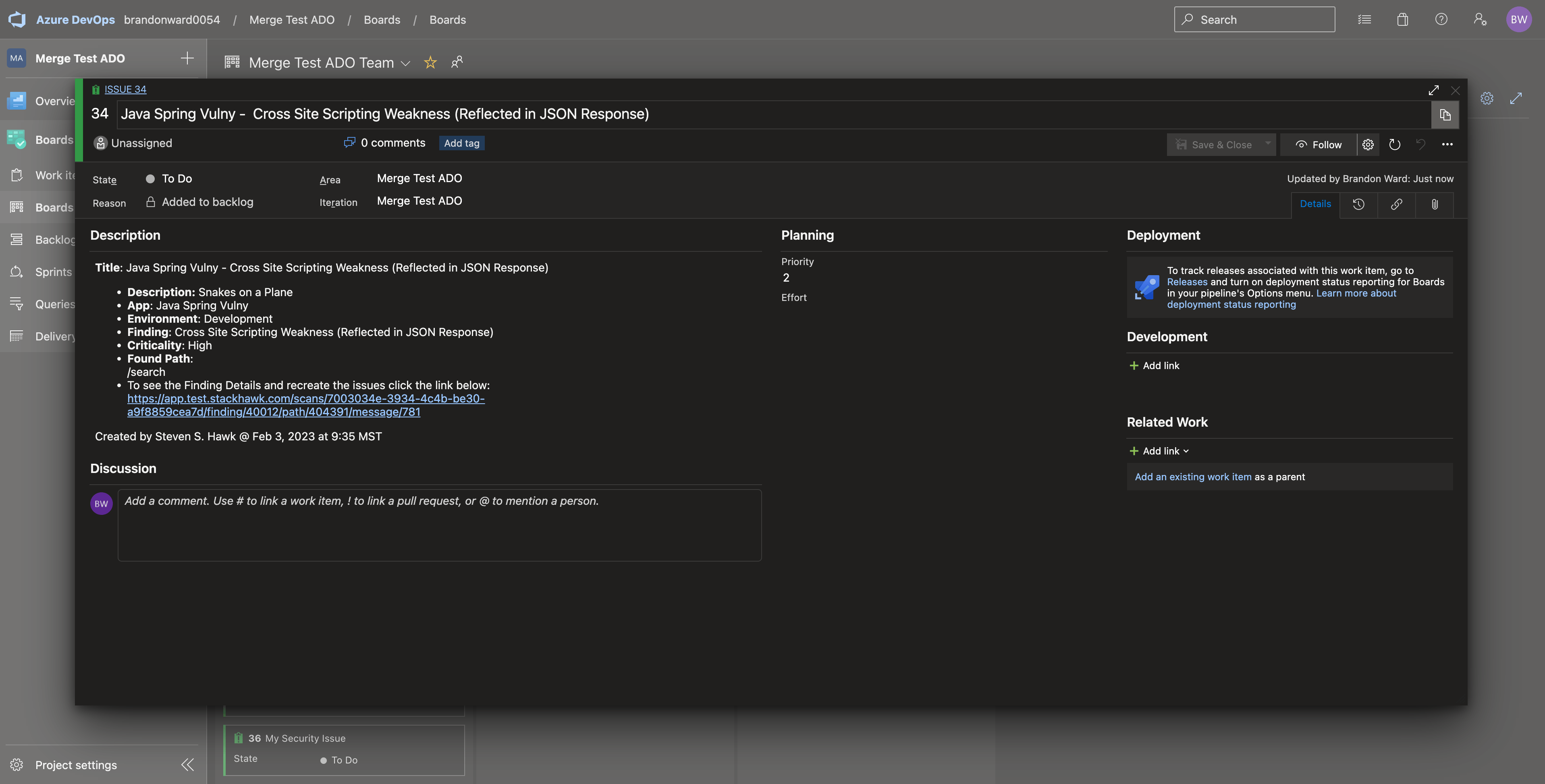 Work item created from StackHawk
