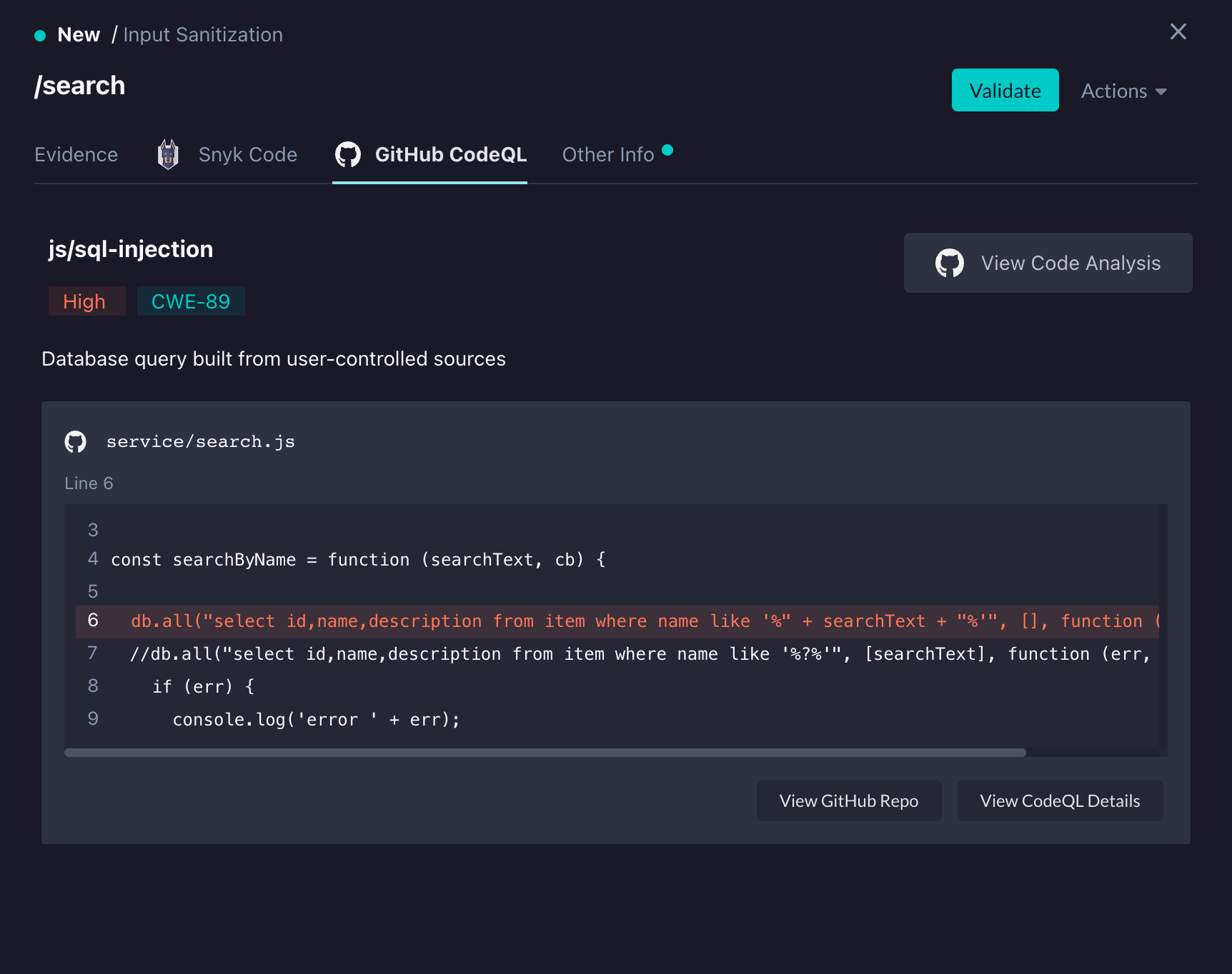 Finding Details GitHub Tab