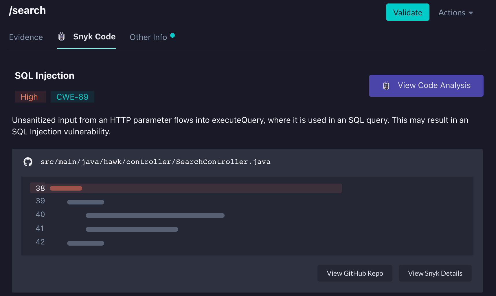 Finding Details Snyk Tab