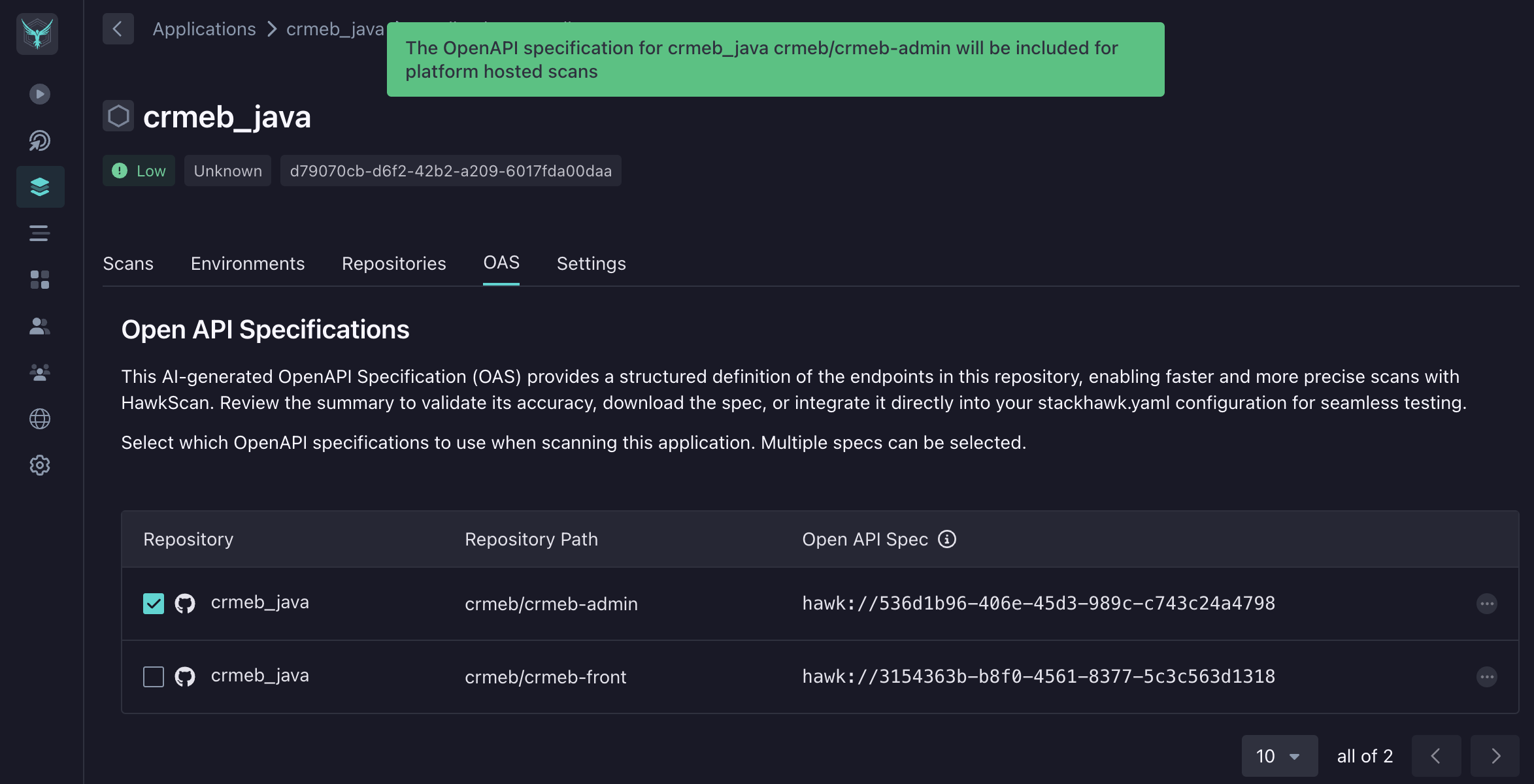 Select OpenAPI specifications to scan with from the platform