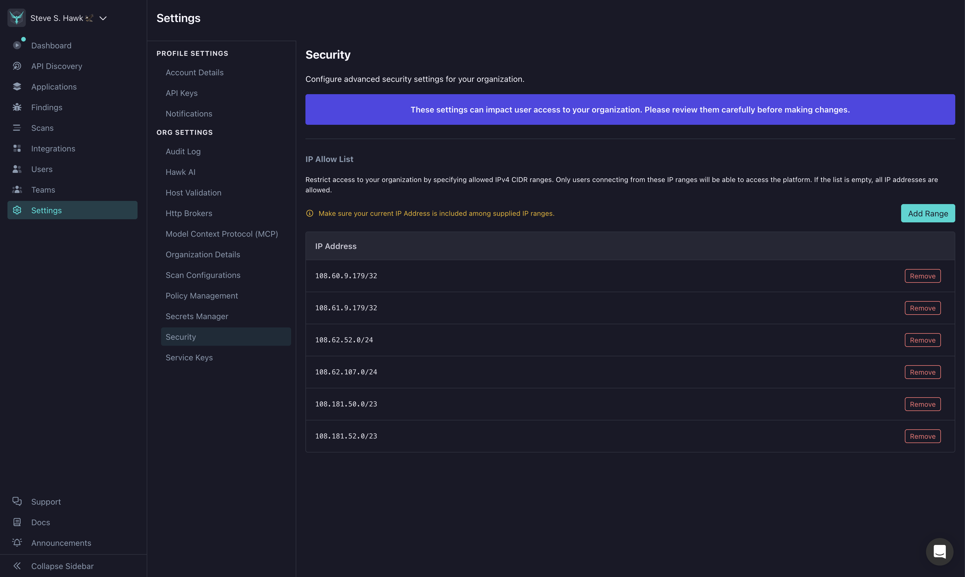 Security settings page in the StackHawk platform showing the IP Allow List with several configured IPv4 CIDR ranges