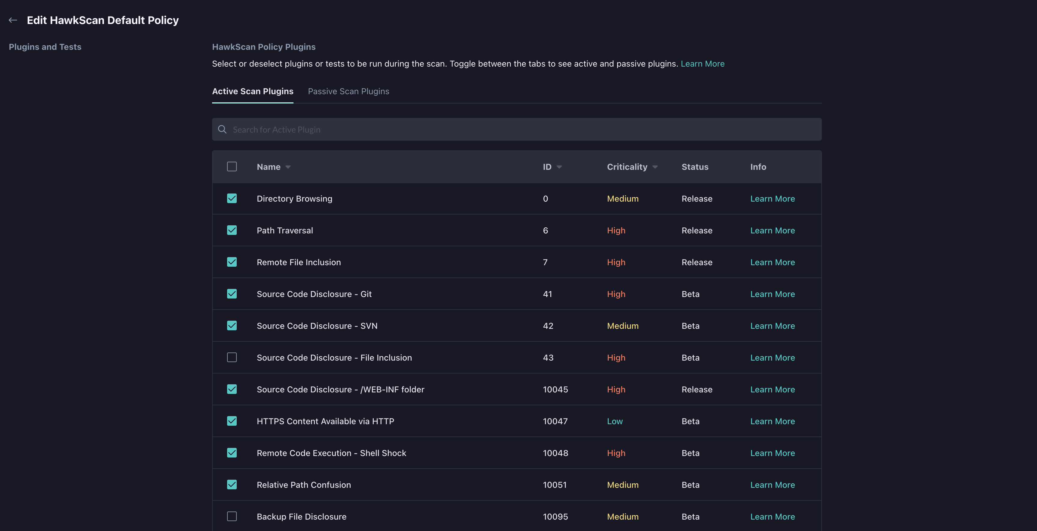 Scan Policy Plugins List