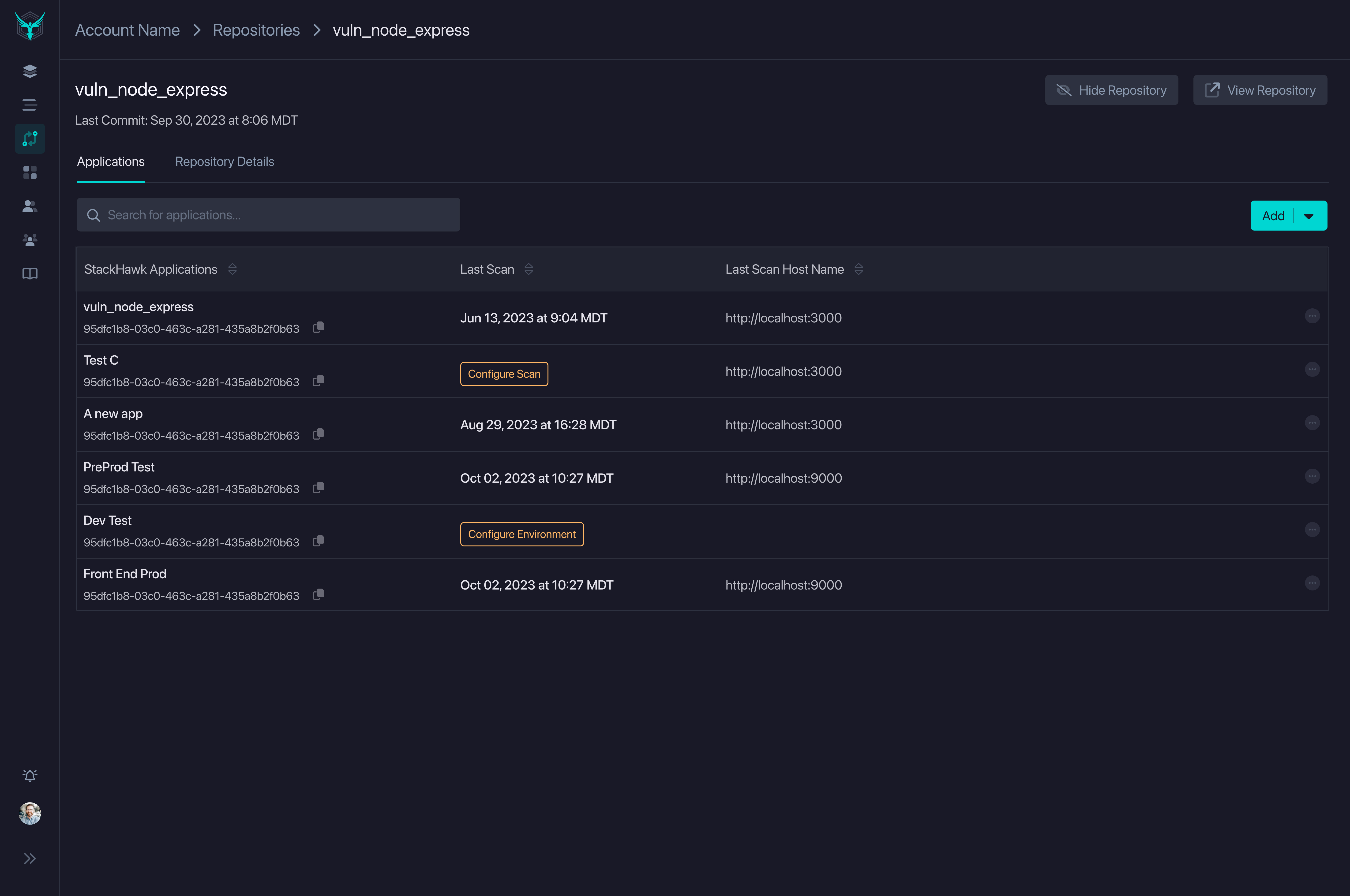 StackHawk Platform - Repositories Page