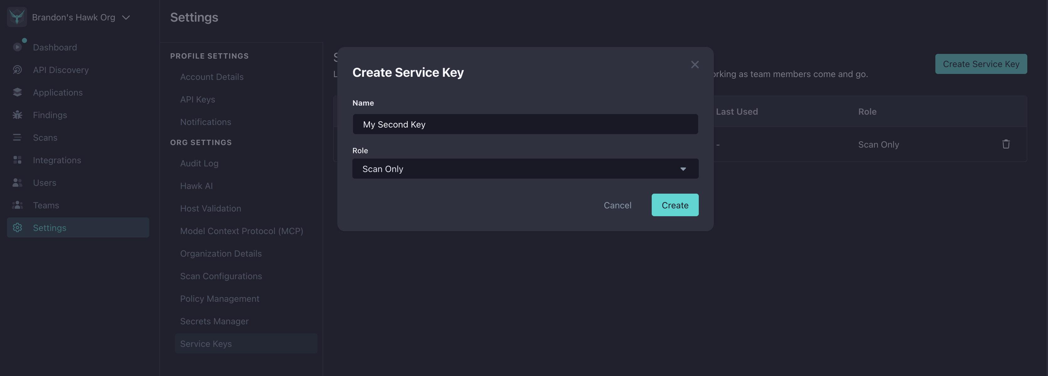 Create Service Key modal with Name and Role inputs