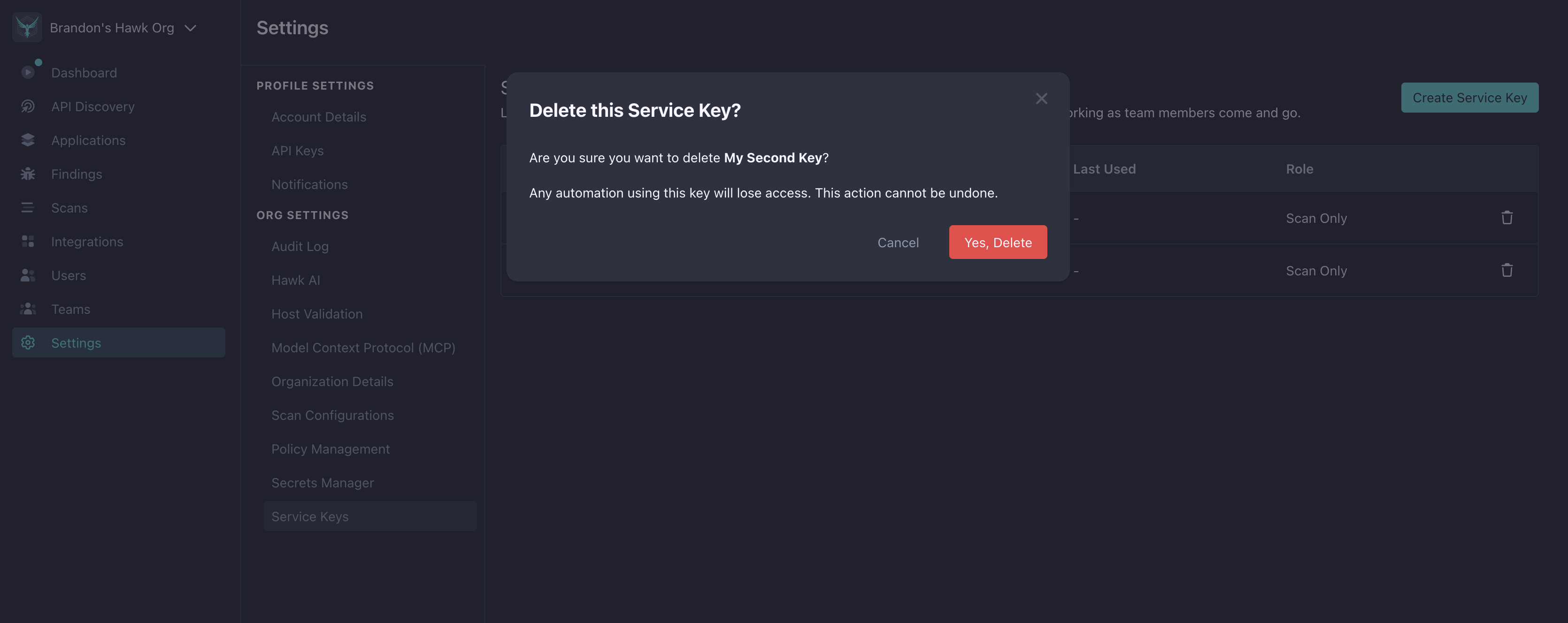Delete Service Key confirmation modal