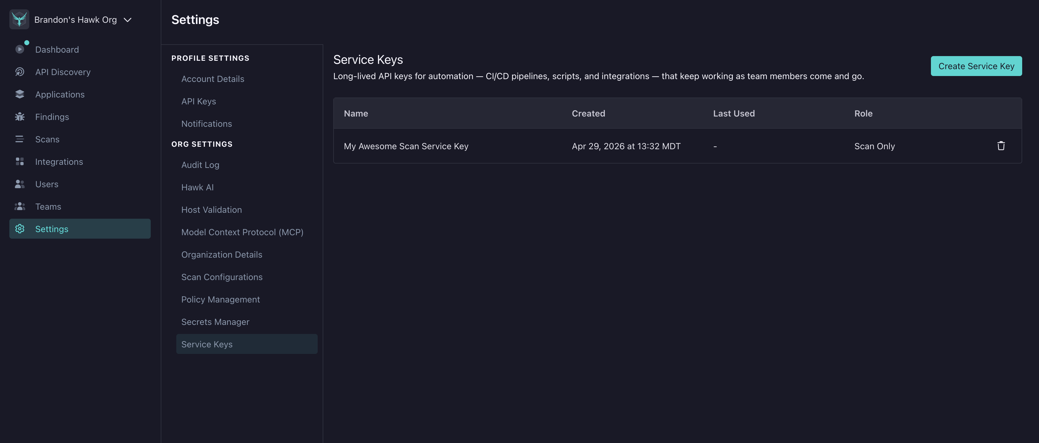 Service Keys page with a table of existing keys and a Create Service Key button