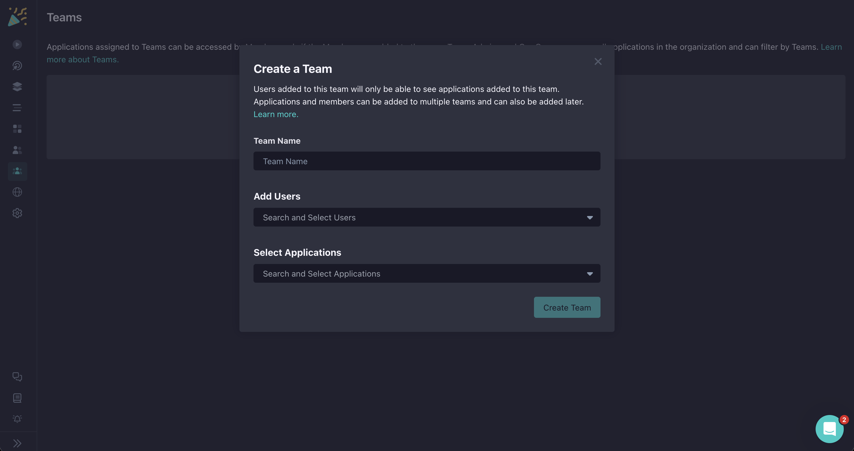 Create Team Modal Finish